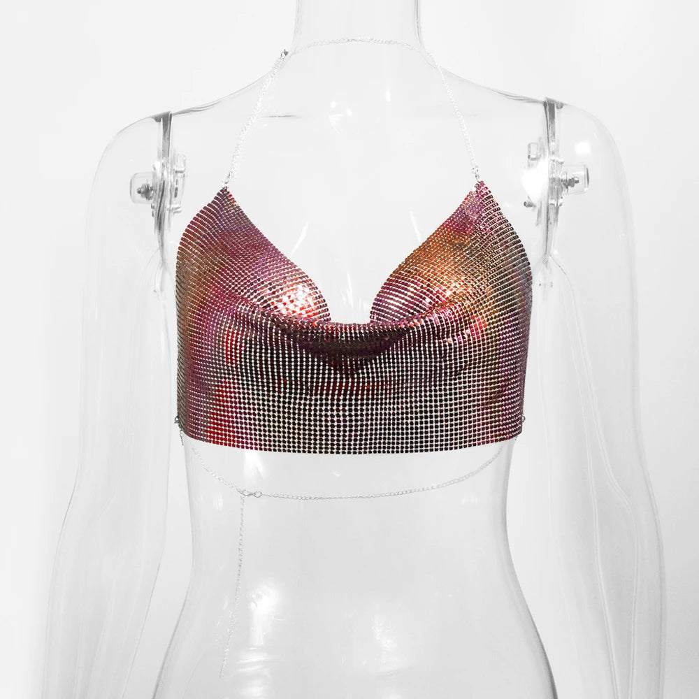 Metallic Sequin Halter Crop Top - V-Neck Backless