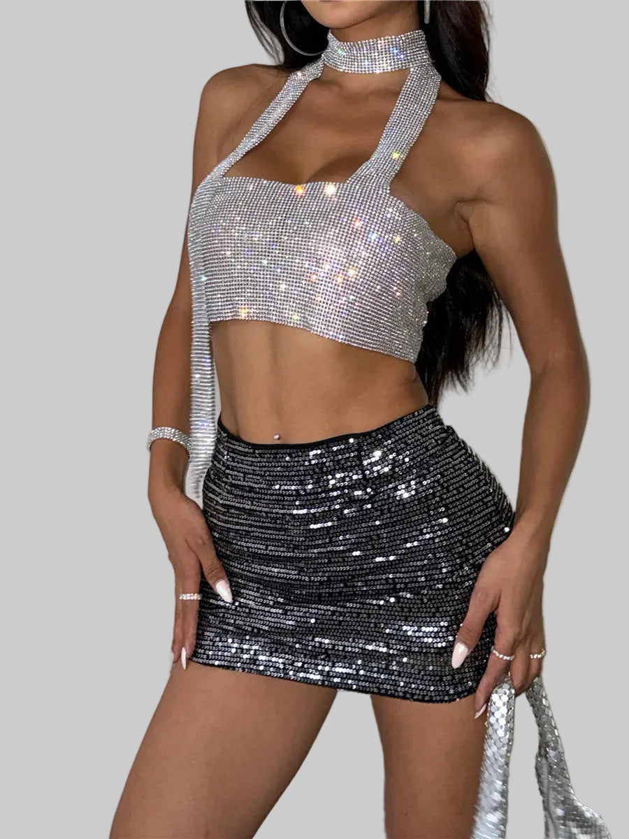 Rhinestone Halter Neck Crop Top - Backless Bandage Party Camisole
