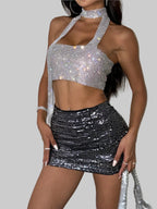 Rhinestone Halter Neck Crop Top - Backless Bandage Party Camisole