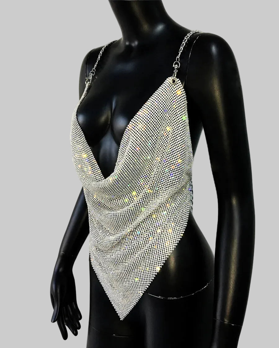Sequin Diamond V-Neck Camisole - Backless Sling Top