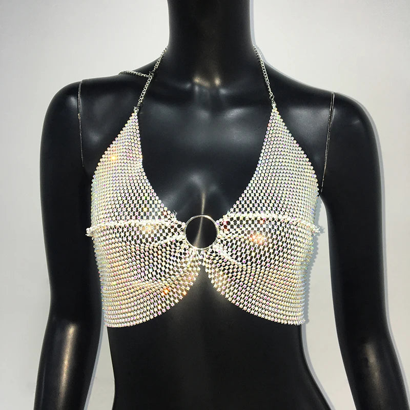 Crystal Fishnet Halter Crop Top - Metal Chain Push-Up Camisole for Stage
