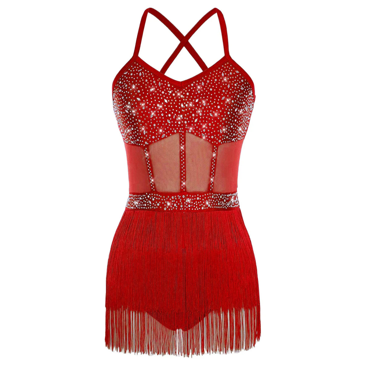 Women's Rhinestone Fringe Latin Dance Dress | Sheer Mesh & Tiered Tassel Skirt | Includes Arm Gloves