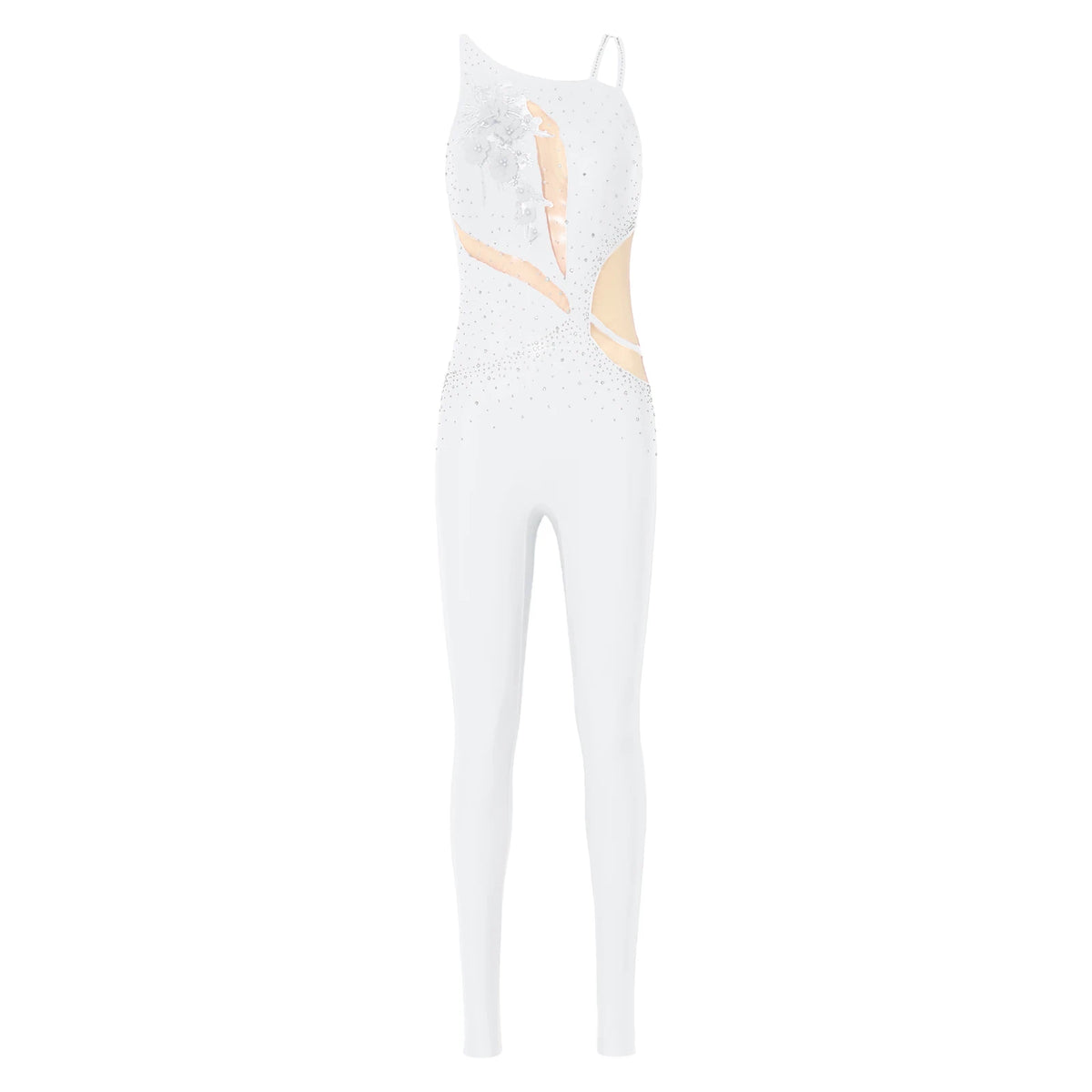 Women's Rhinestone Gymnastics Unitard | Mesh Patchwork & Asymmetric Shoulder | Performance Jumpsuit