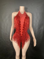 Rhinestone Sequin Feather Tassel Leotard | Stage & Dance