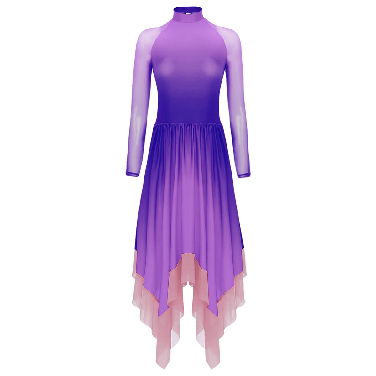 Gradient Lyrical Dance Dress | Mesh Long Sleeve | Keyhole Back | Irregular Hem