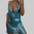 Metal Sequin Halter Mini Dress - Backless V-Neck Side Split Dress