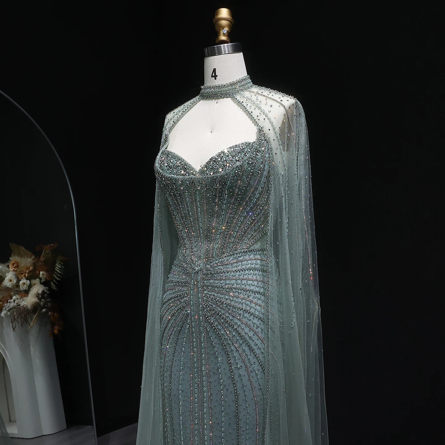 Crystal Mermaid Cape Gown | Beaded Tulle | 4 Colors