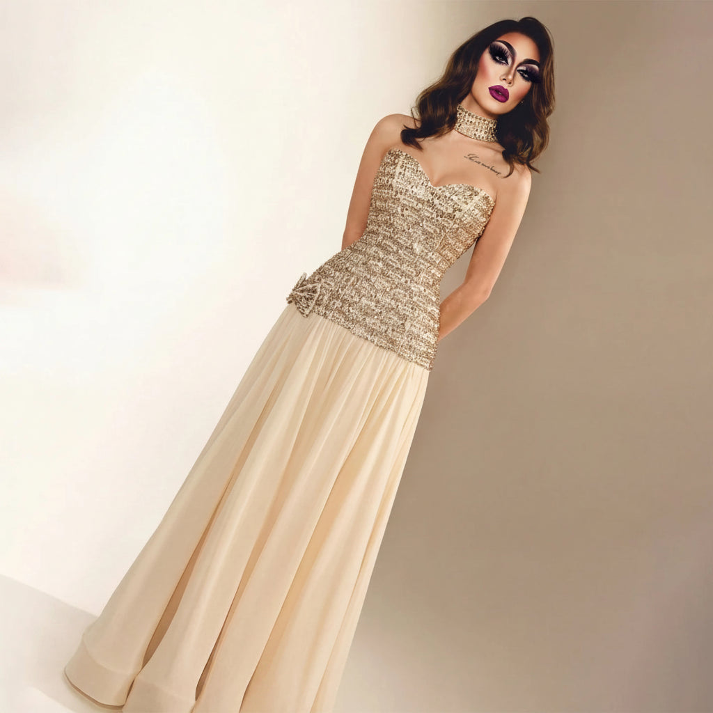 Beaded Sequin Bow Gown | Sweetheart A-Line | Floor-Length