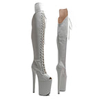9-Inch Snake Print Thigh-High Boots - Open Toe Platform Dance Boots