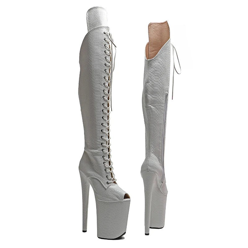 9-Inch Snake Print Thigh-High Boots - Open Toe Platform Dance Boots