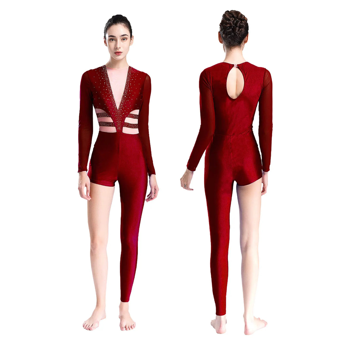 Women's Rhinestone Asymmetric Jumpsuit | One Long Leg & Sheer Mesh Illusion | Performance Bodysuit