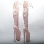 26cm Thigh-High Platform Boots - Open Toe Lace-Up Dance Boots