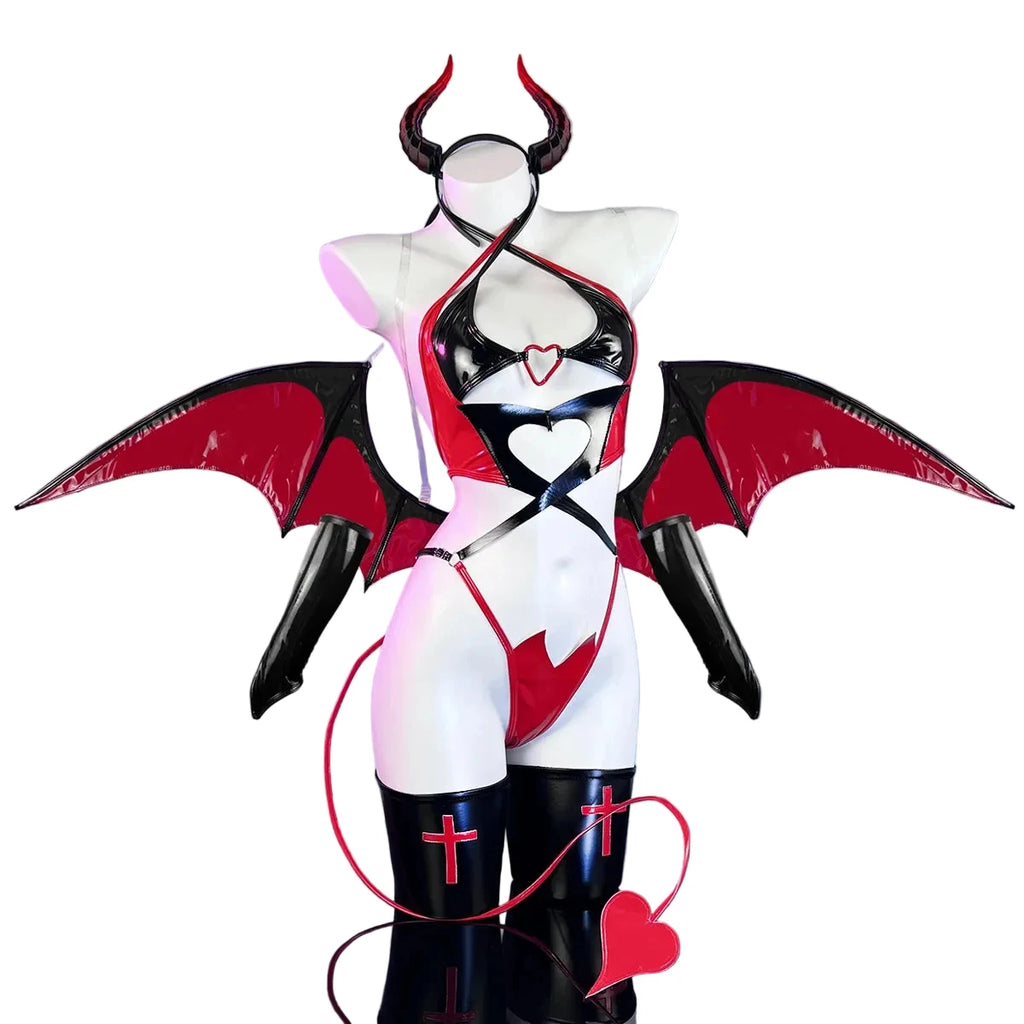 Devil Bat Wing Costume Set | Vinyl Lingerie with Wings & Horns