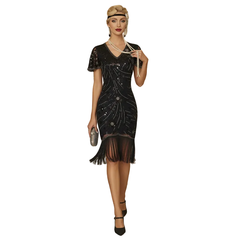 1920s Beaded Sequin Fringe Flapper Dress | Short Sleeve | A-Line