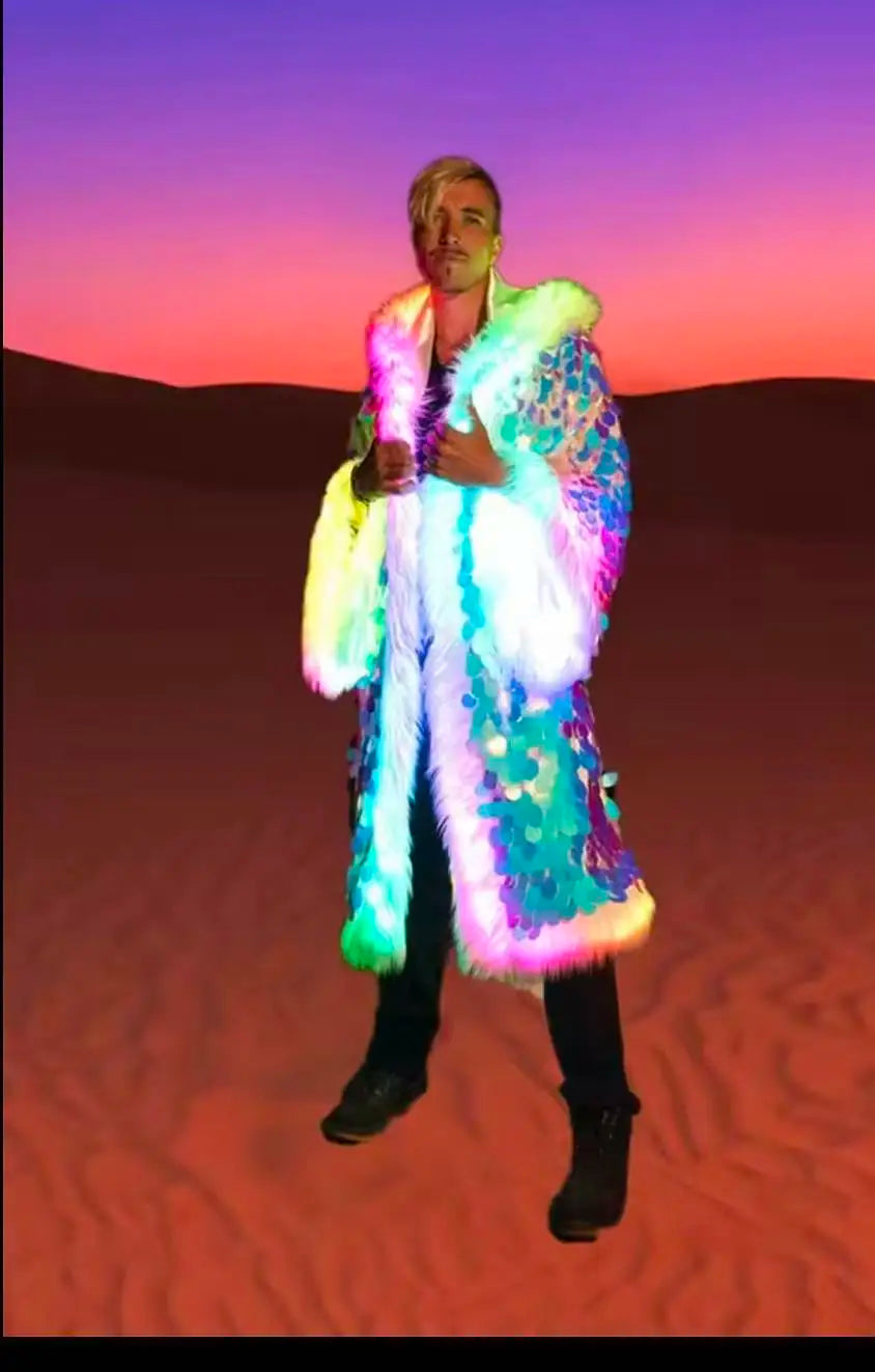 LED Silver Sequin Faux Fur Jacket