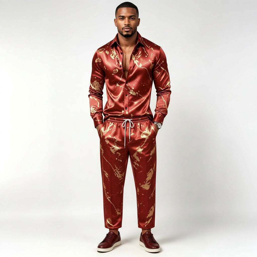 Men's Satin Shirt & Pants Set | Metallic Gold Print | Stage & Party