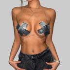 Metallic Sequin Halter Crop Top - Backless Chain Detail