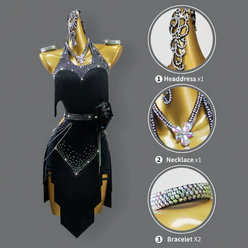 Black Latin Samba Dance Dress – Tassel & Ribbon Stage Costume