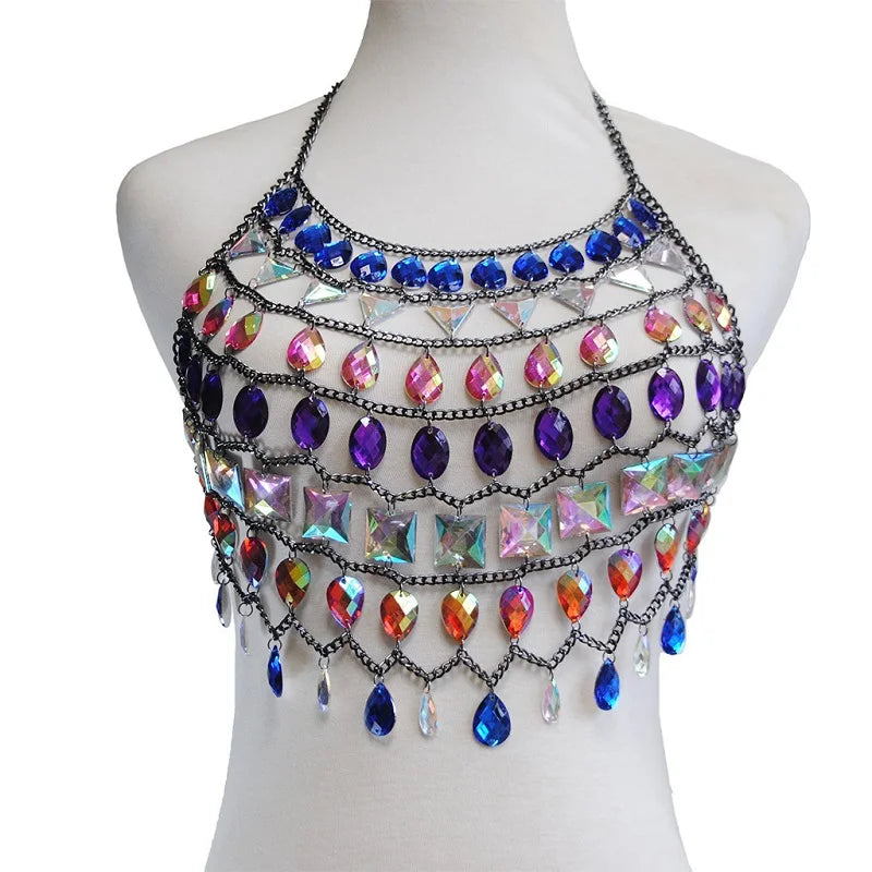 Crystal Halter Crop Top - Gem Embellished Festival Tank Top