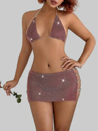 Rhinestone Backless Top & Mini Skirt Set - 2-Piece Festival Outfit