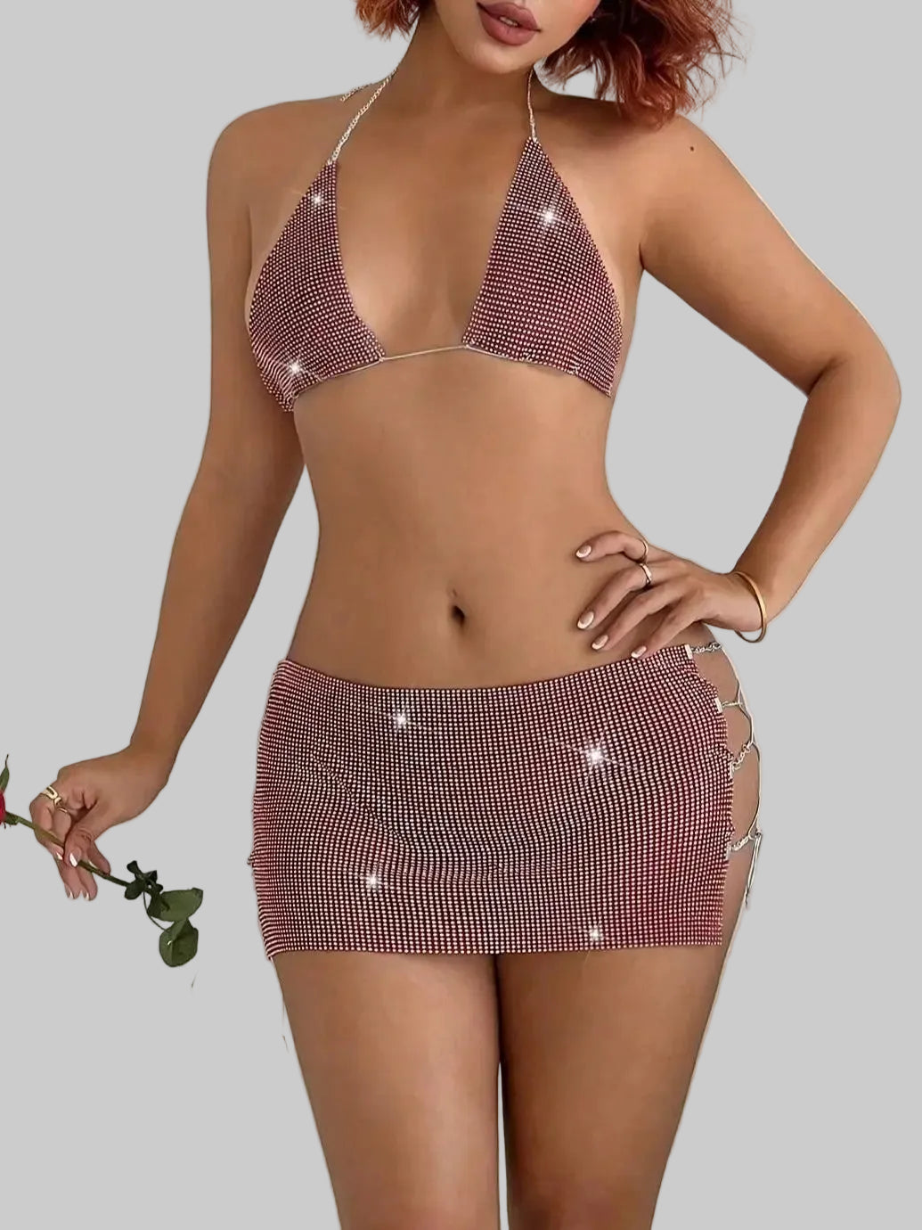 Rhinestone Backless Top & Mini Skirt Set - 2-Piece Festival Outfit