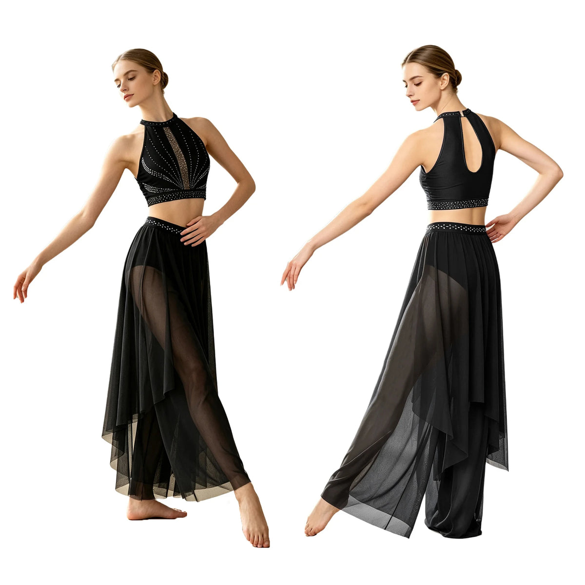 Rhinestone Crop Top & Sheer Pants Set | Lyrical Dance | Built-In Brief