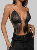 Rhinestone Halter Crop Top - Deep V-Neck Backless Camisole