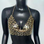 Leopard Print Sequin Crop Top - Chain Halter Backless