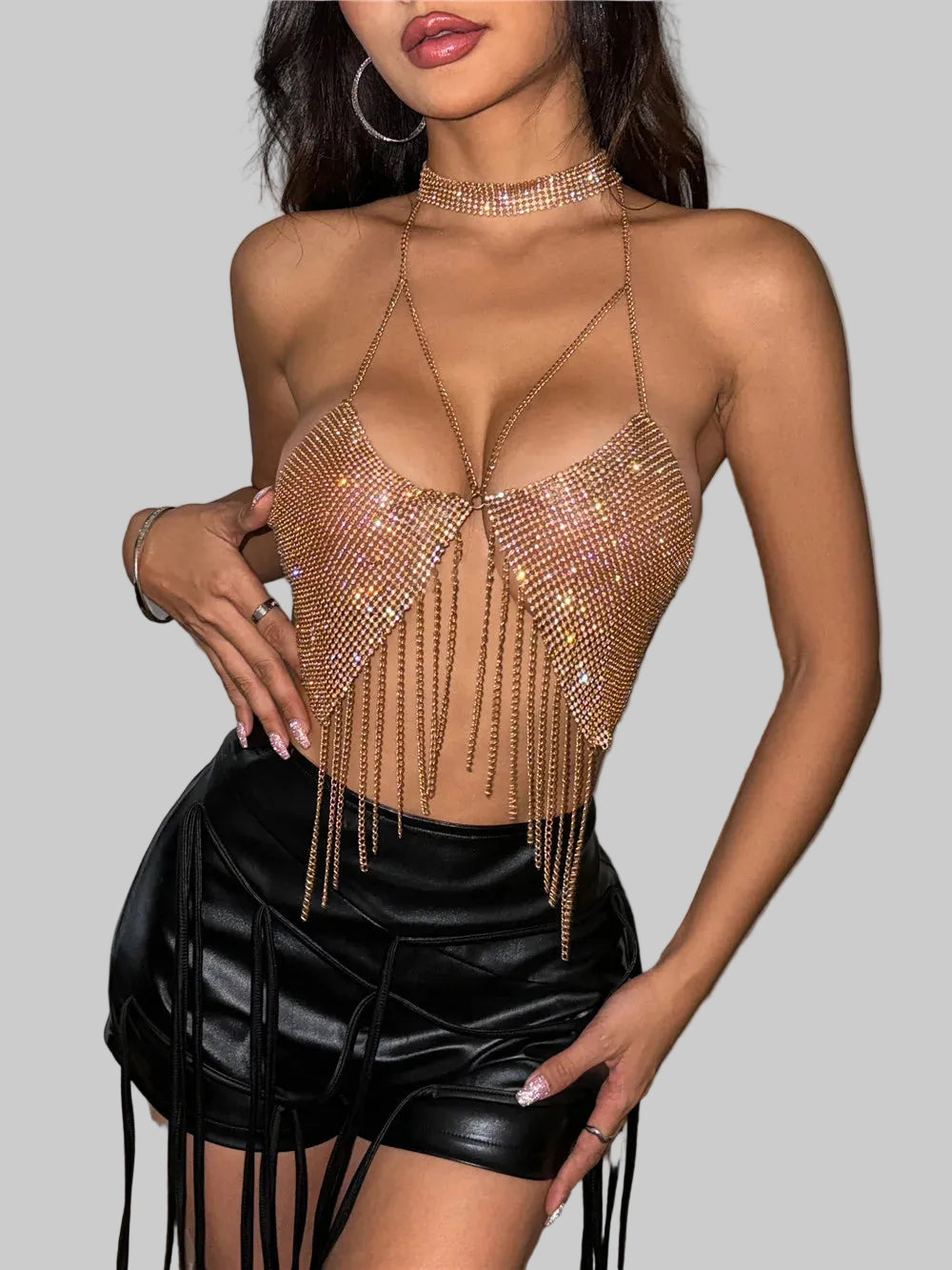 Metal Chain Tassel Halter Crop Top - Diamond V-Neck Camisole