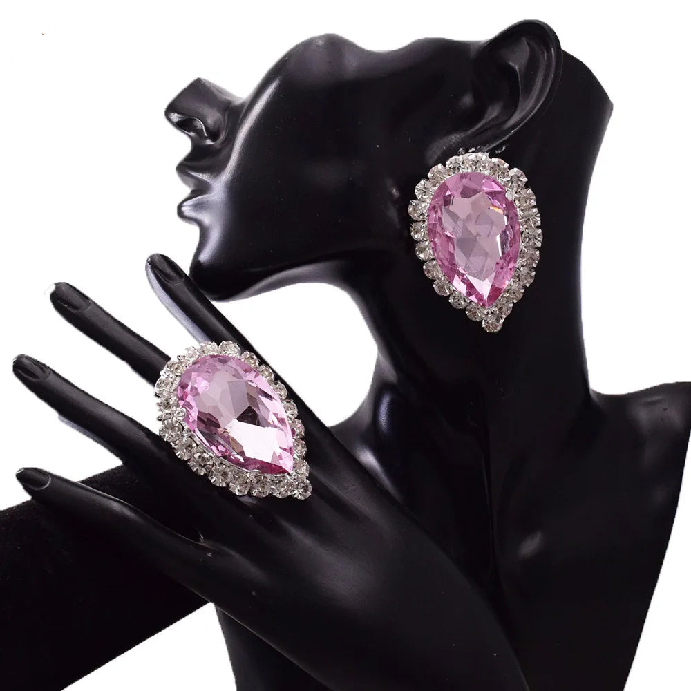 Crystal Teardrop Earring & Ring Set | Rhinestone Halo