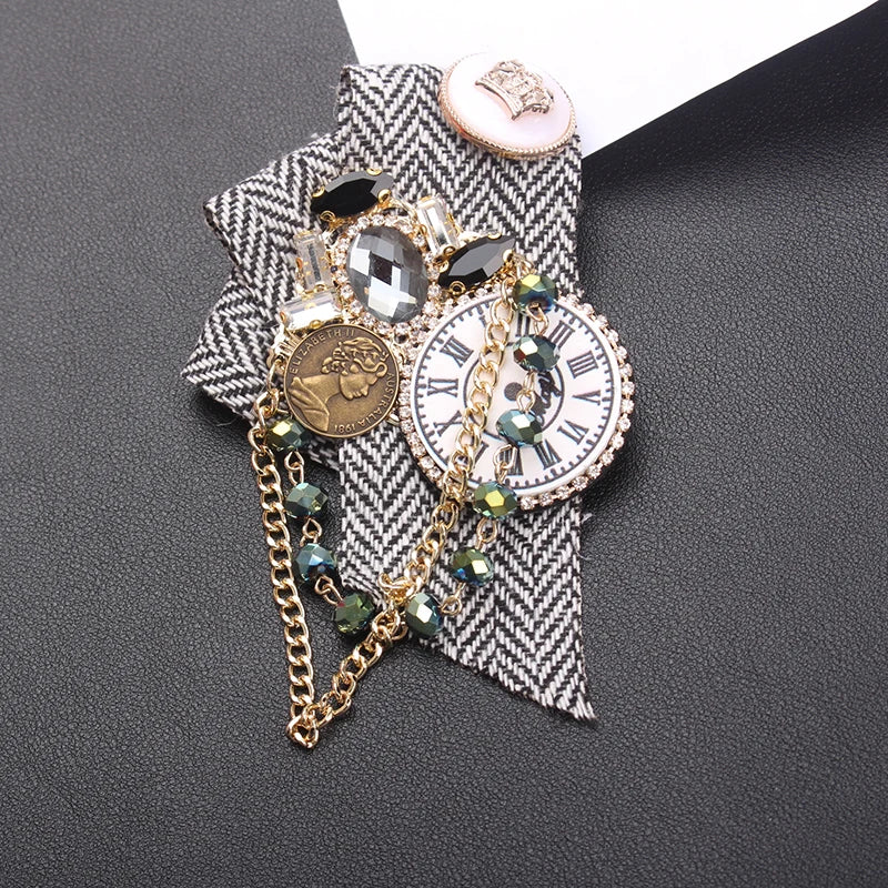 Steampunk Clock Brooch | Rhinestone & Chain | Lapel Pin