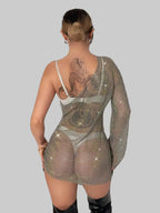 Rhinestone Fishnet Mini Dress - One Shoulder Mesh Cover Up