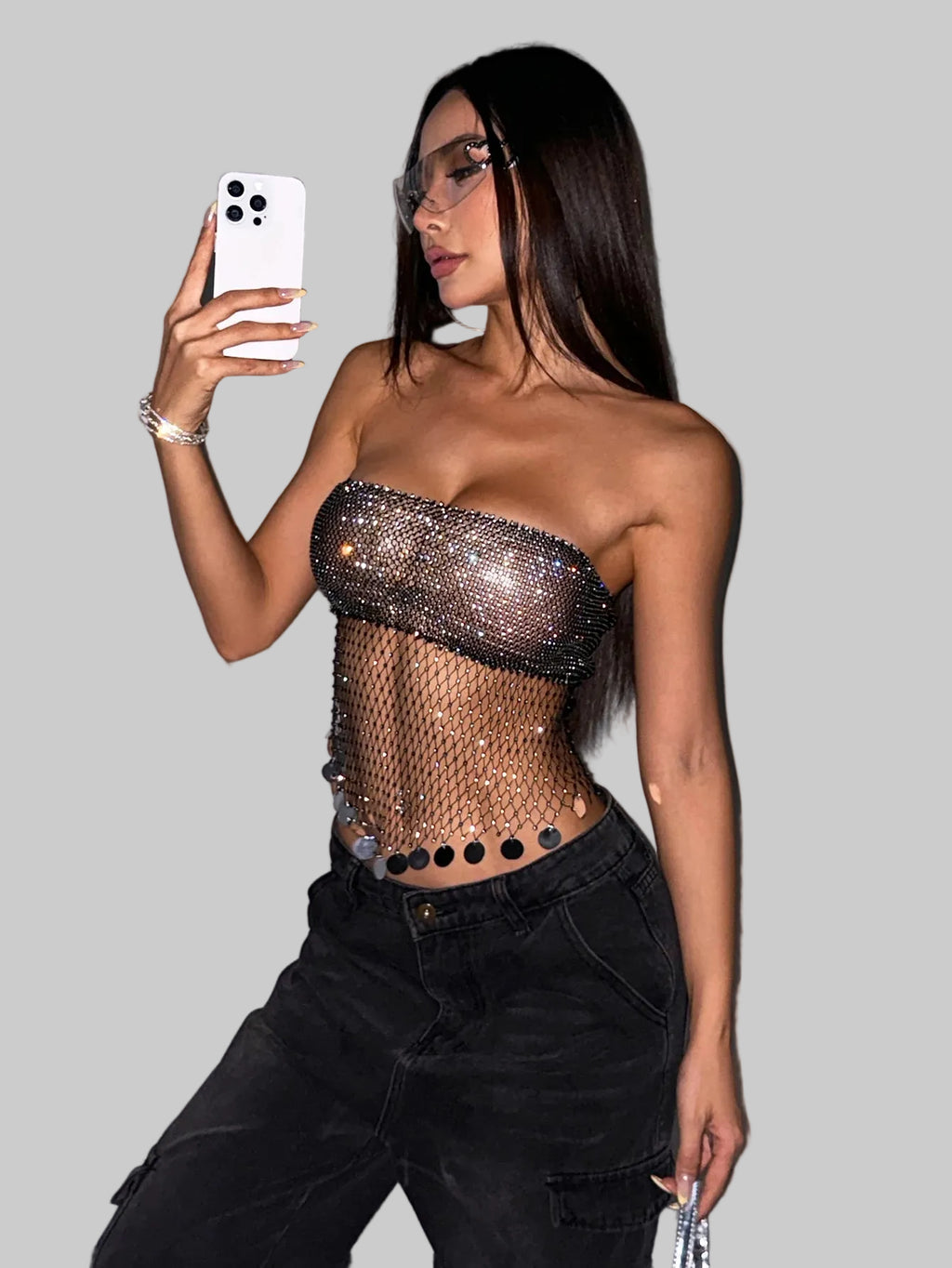 Rhinestone Fishnet Sequin Tassel Camisole - Sheer Mesh Tube Top