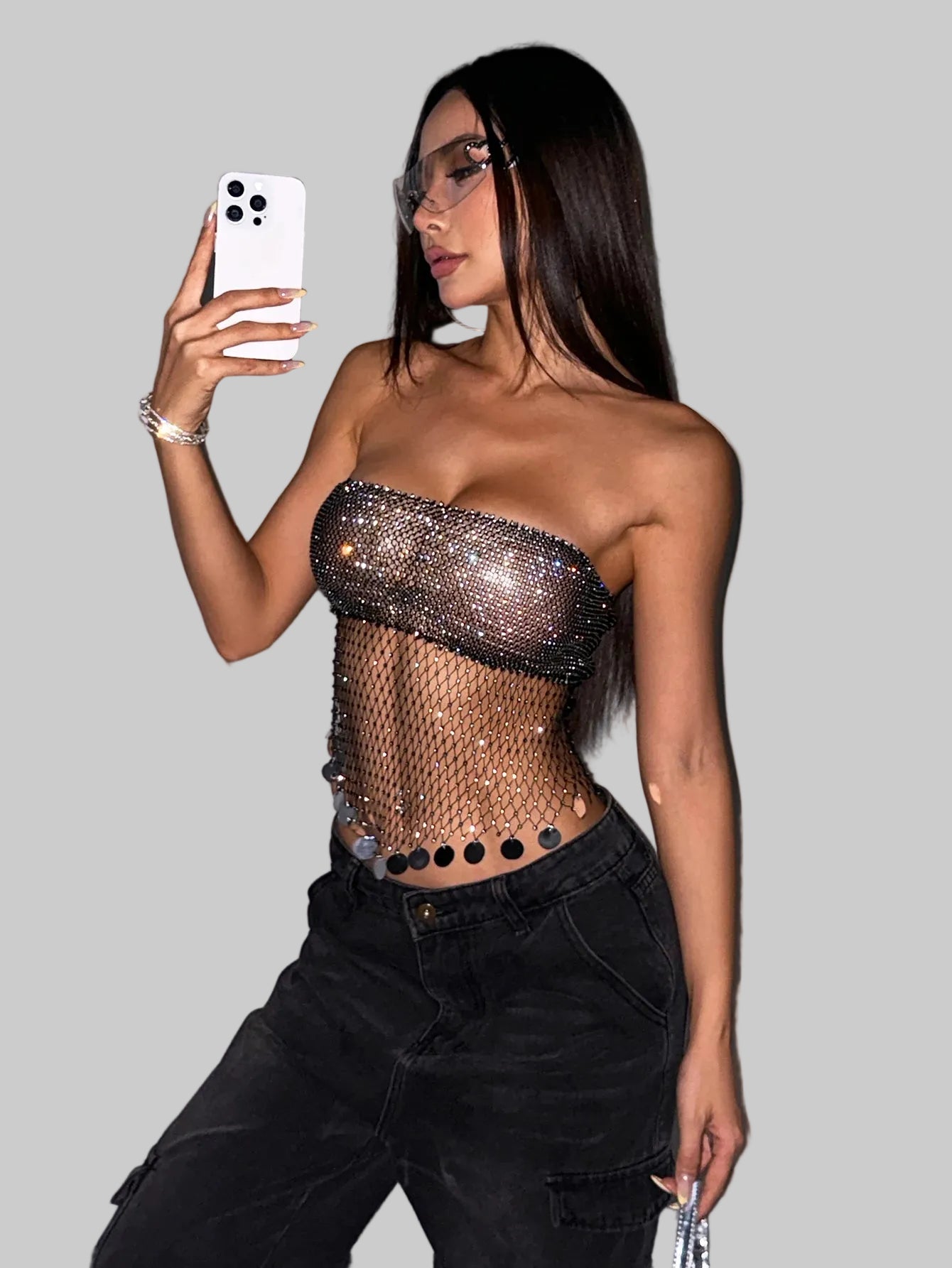 Rhinestone Fishnet Sequin Tassel Camisole - Sheer Mesh Tube Top