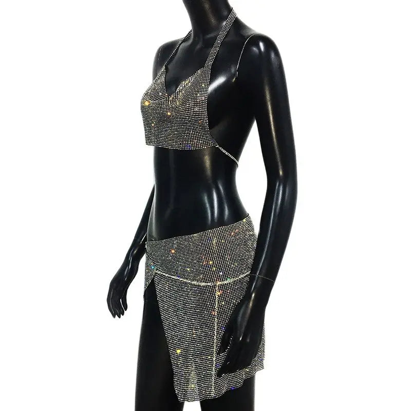 Rhinestone 2-Piece Set - Backless Crop Top & Split Mini Skirt