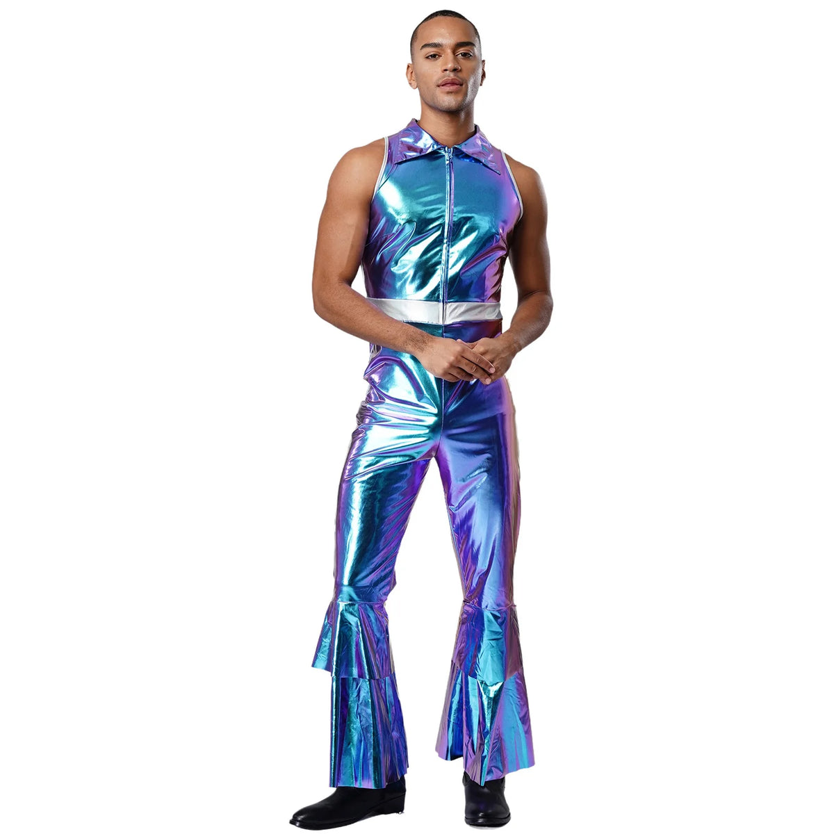Men's Holographic Disco Jumpsuit | Lapel Collar & Flared Leg | 70s Stage Costume