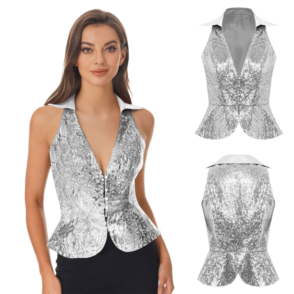 Sequin Lapel Peplum Vest | Sleeveless | Jazz, Cabaret & Stage Performance