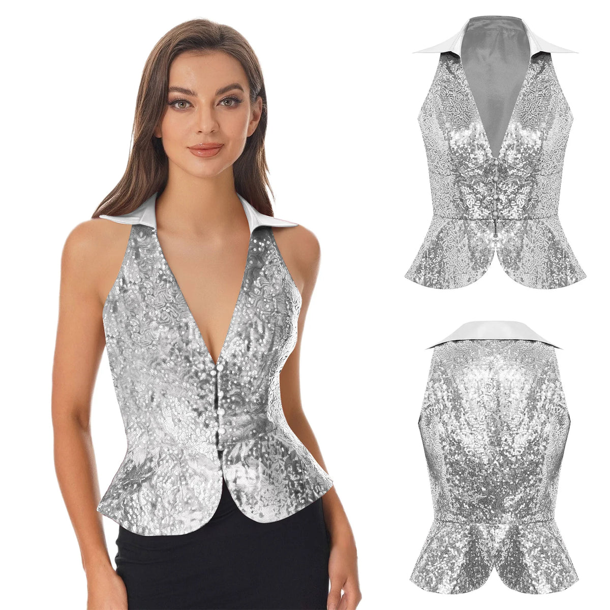 Sequin Lapel Peplum Vest | Sleeveless | Jazz, Cabaret & Stage Performance