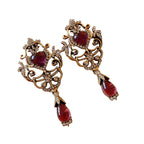 Antique Gold Filigree Drop Earrings | Ruby Crystal