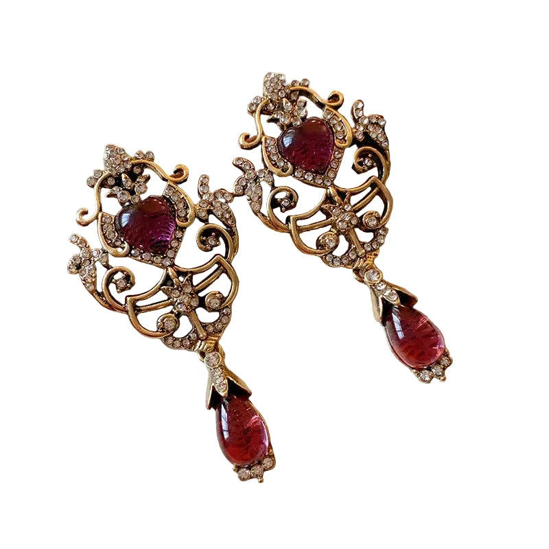 Antique Gold Filigree Drop Earrings | Ruby Crystal