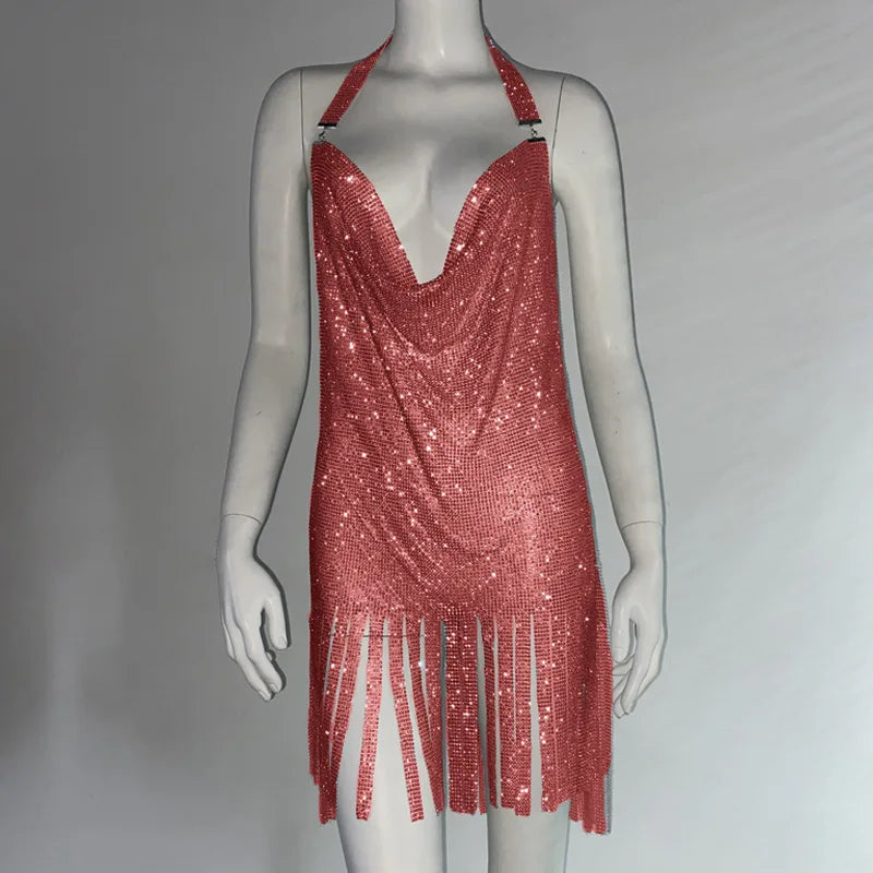 Metal Rhinestone Bodycon Mini Dress - Backless Party Dress