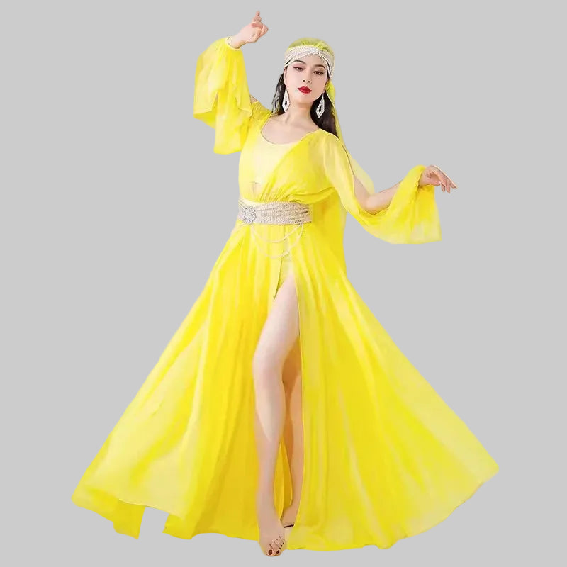 Muwashahat Belly Dance Dress Set - Baladi Satin Gown with Pearl Belt & Veil