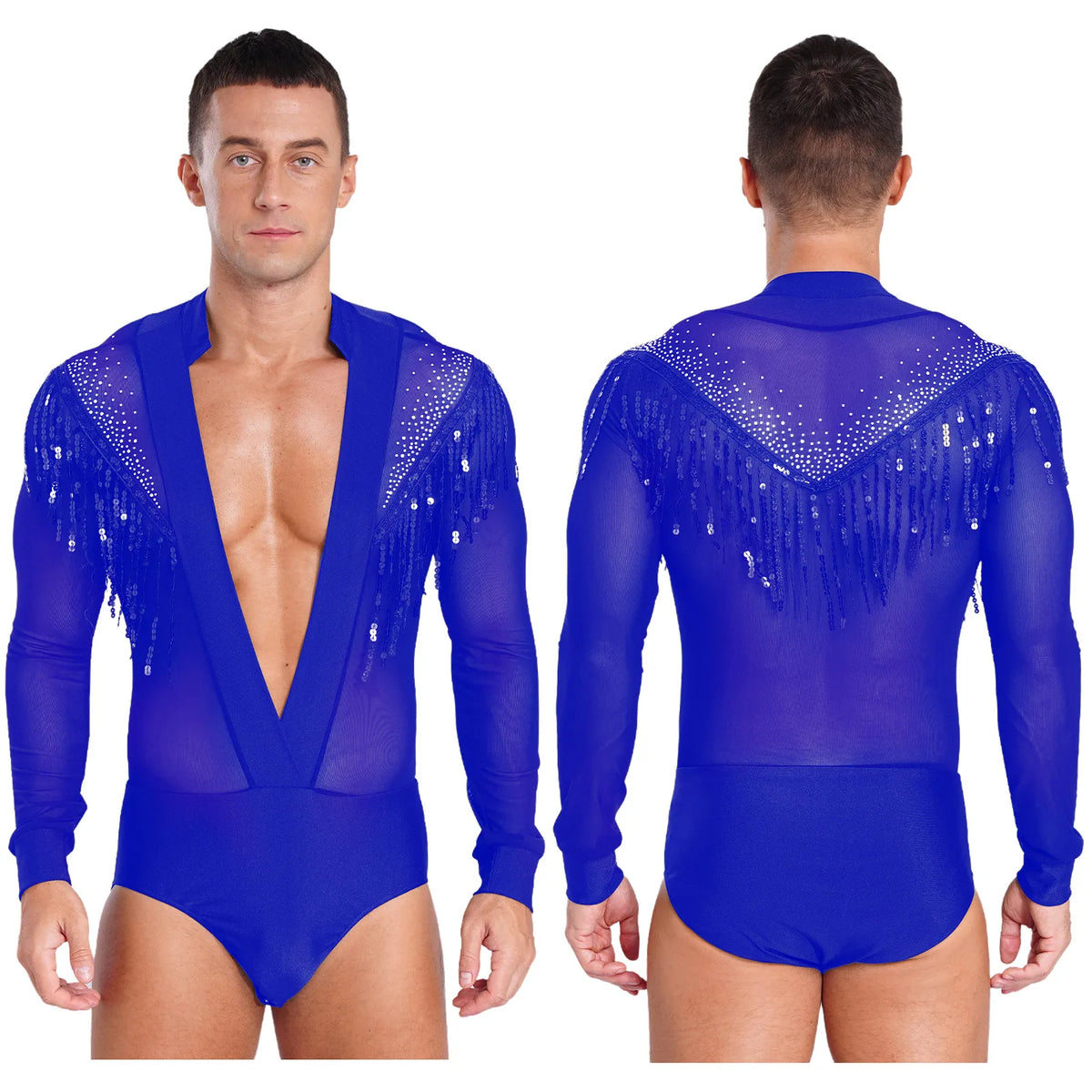 Men's Latin Dance Leotard | Deep Plunge V-Neck & Sheer Mesh Back | Tassel Detail