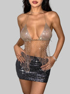 Rhinestone Mesh Tassel Halter Crop Top - Deep V Fishnet Camisole