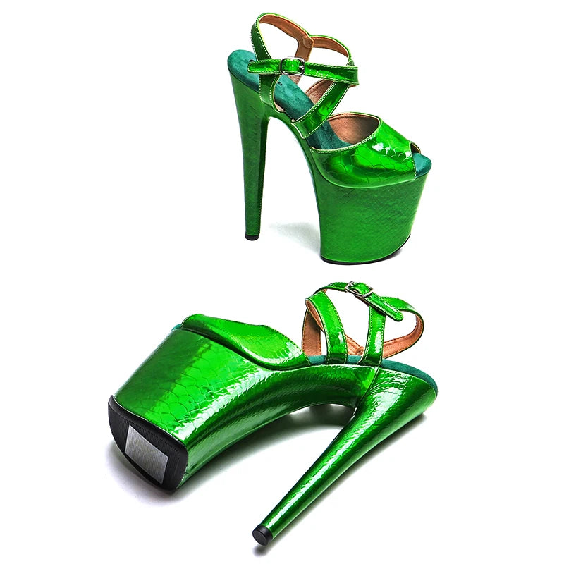 20CM Holographic Snakeskin Platform Pole Dance Heels - 8 Inch High Heel Performance Sandals