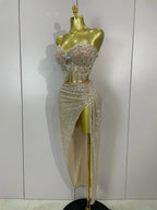 Sequin Beaded Corset & High-Slit Skirt Set | Strapless | Champagne