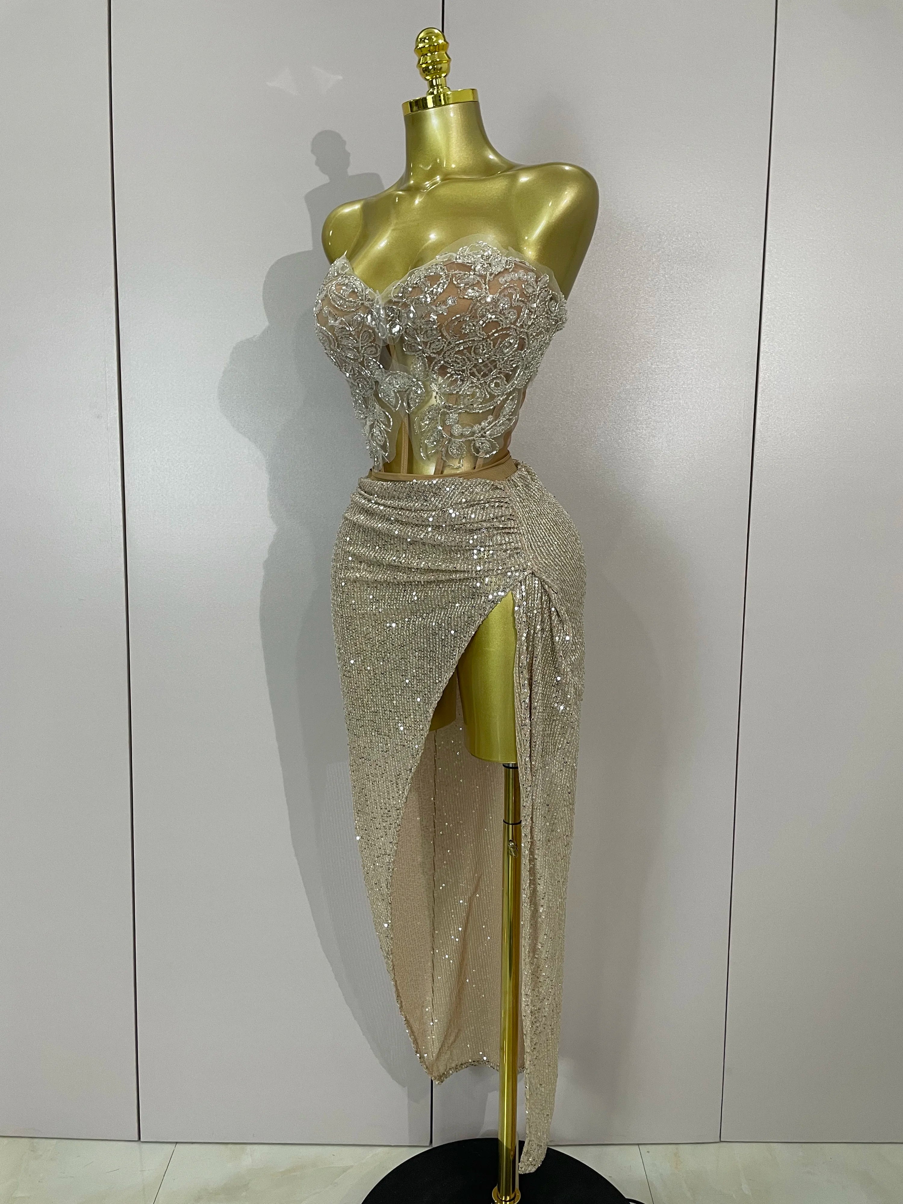 Sequin Beaded Corset & High-Slit Skirt Set | Strapless | Champagne