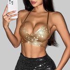 Rhinestone Mesh Halter Crop Top with Bandage Detail