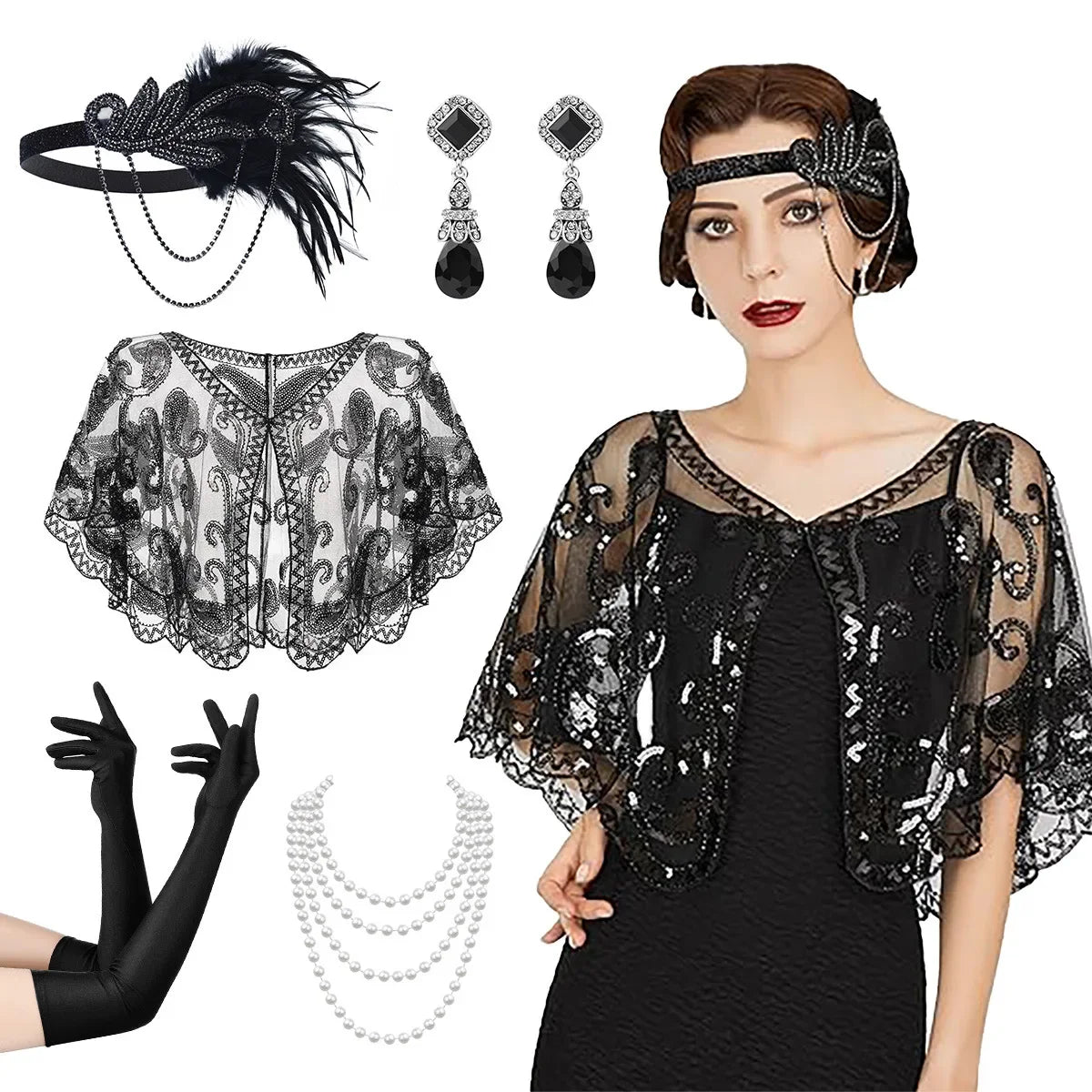 1920s Flapper Accessory Set | 5-Piece | Headband, Shawl, Gloves