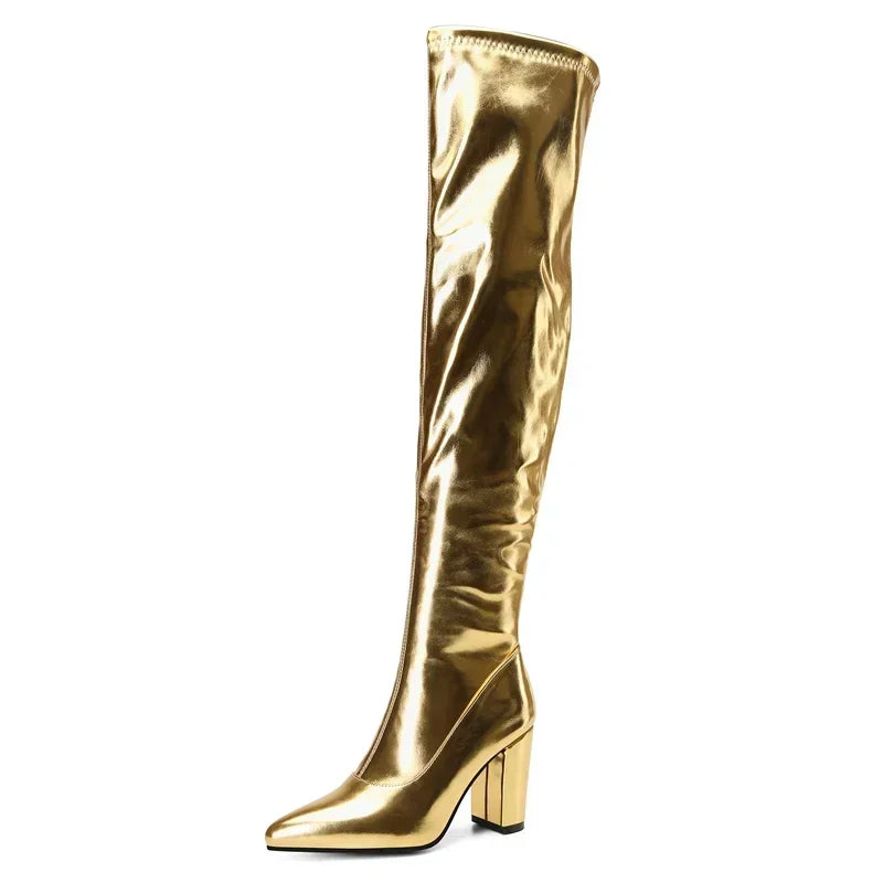 Metallic Over-the-Knee Boots | Chunky Heel | Gold & Silver